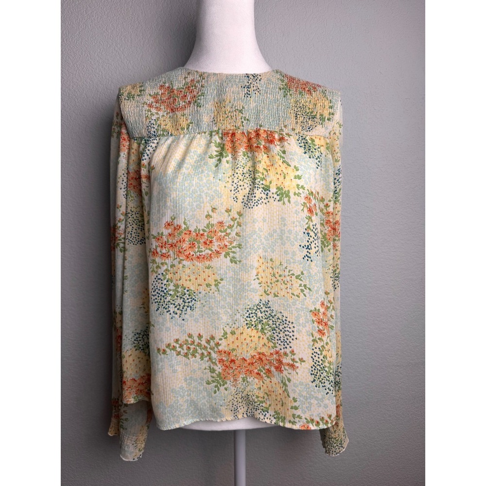Zara Basic Floral Plisse Smocked Blouse Long Sleeve Multi Color XS